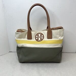 Tory Burch logo color block canvas with leather trim tote